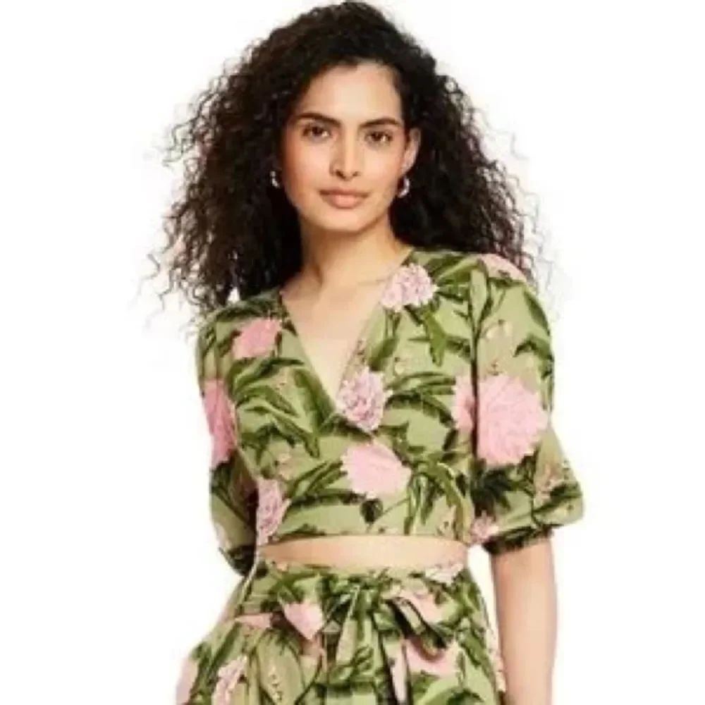 Agua Bendita Green Wrap Crop Top with Pink Floral Print